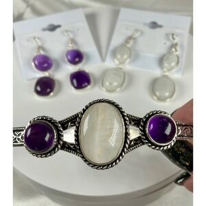 Rainbow Moonstone & Amethyst Mix & Match Set – Cuff Bracelet + 2 Earring Pairs